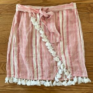 NEW |Anthropologie‎ Raga Faux Wrap Red Cream Stripe Fringe Boho Mini Skirt Small